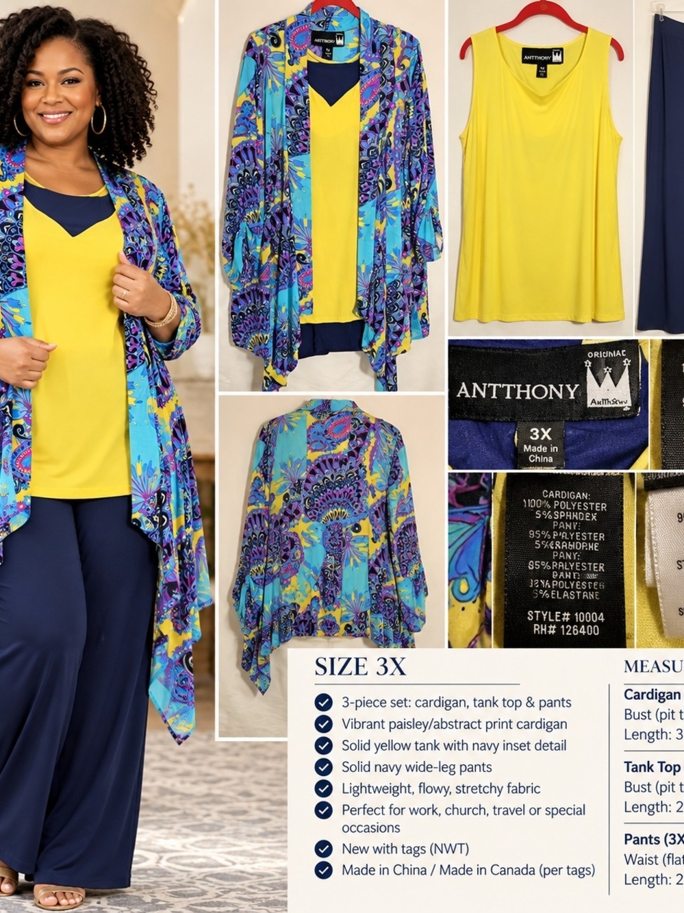 Antthony 3X 3 Piece Paisley Cardigan Yellow Tank Navy Pants Set NWT